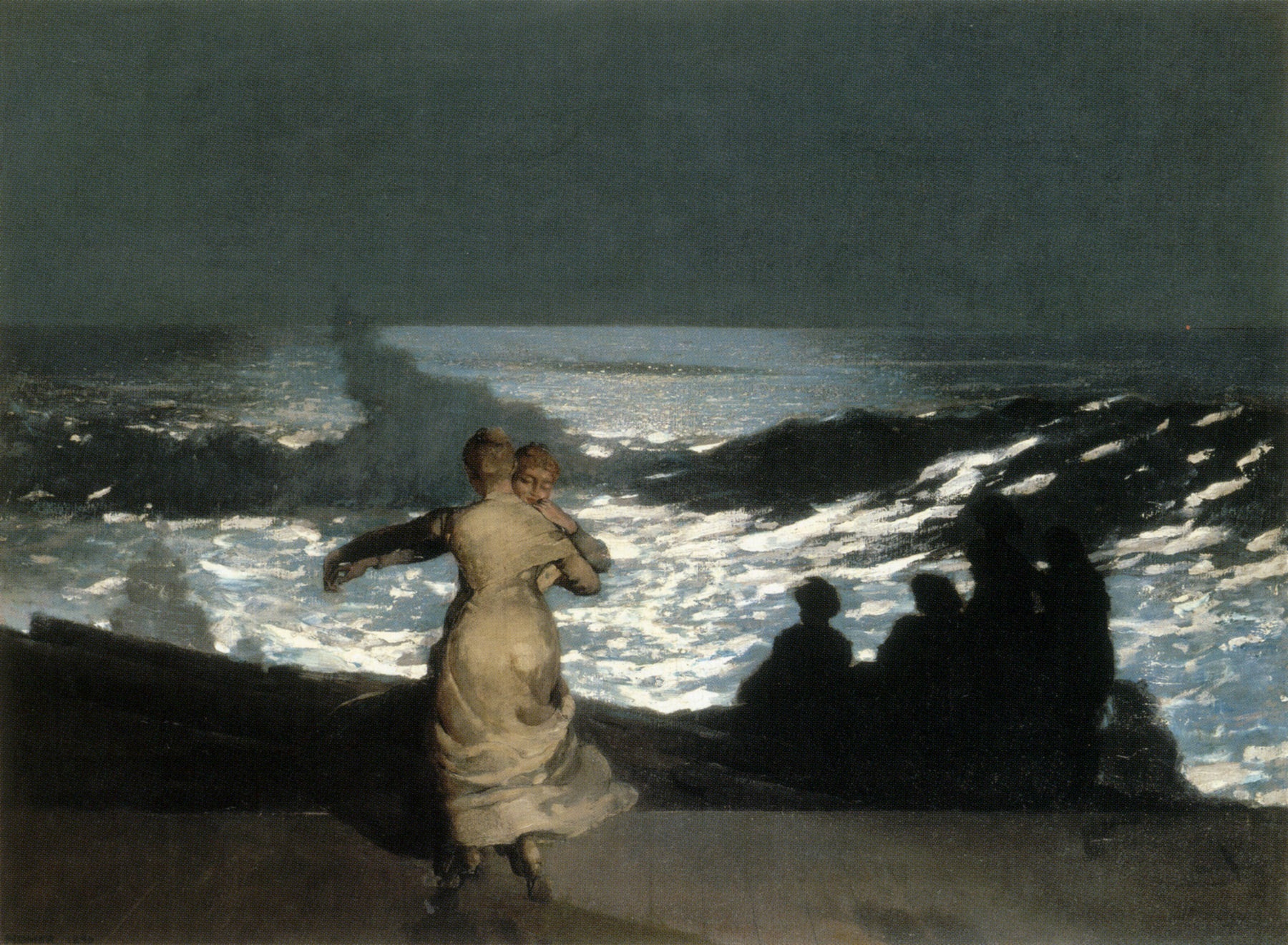 A moonlit sea at night, two figures on the shore — Summer Night by Winslow Homer.
